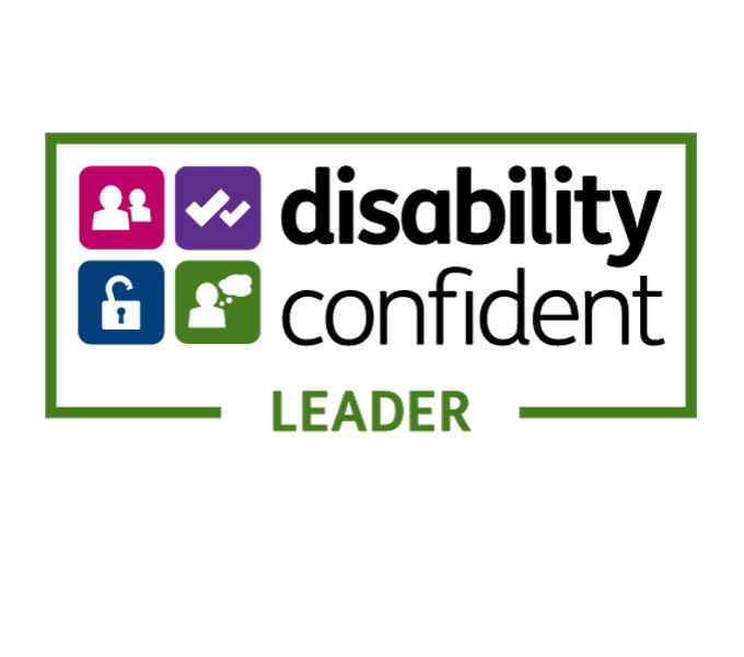 Disability Confident Leader logo with four colourful icons (two people, two ticks, an open lock, and a thinking person) alongside the text 'disability confident LEADER'.