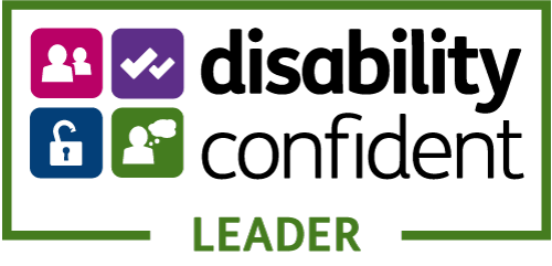 Disability Confident Leader logo with four colourful icons (two people, two ticks, an open lock, and a thinking person) alongside the text 'disability confident LEADER'.