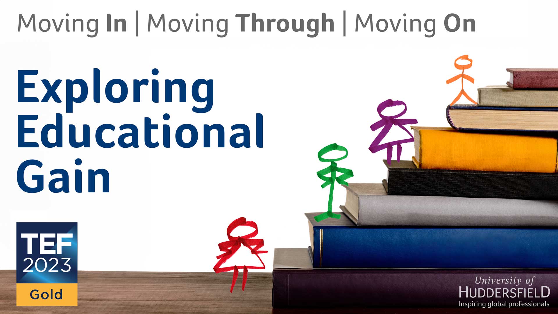 Exploring Educational Gain: Moving In, Moving Through, Moving On. Logo featuring stick figures climbing up a pile of books