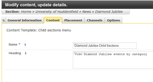 Screenshot of child links template